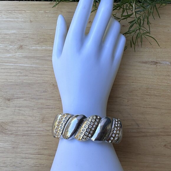 VTG Bangle Bracelet Rhinestone Hinge Gold Silver Tone Statement Classy Size 6 - Picture 10 of 10
